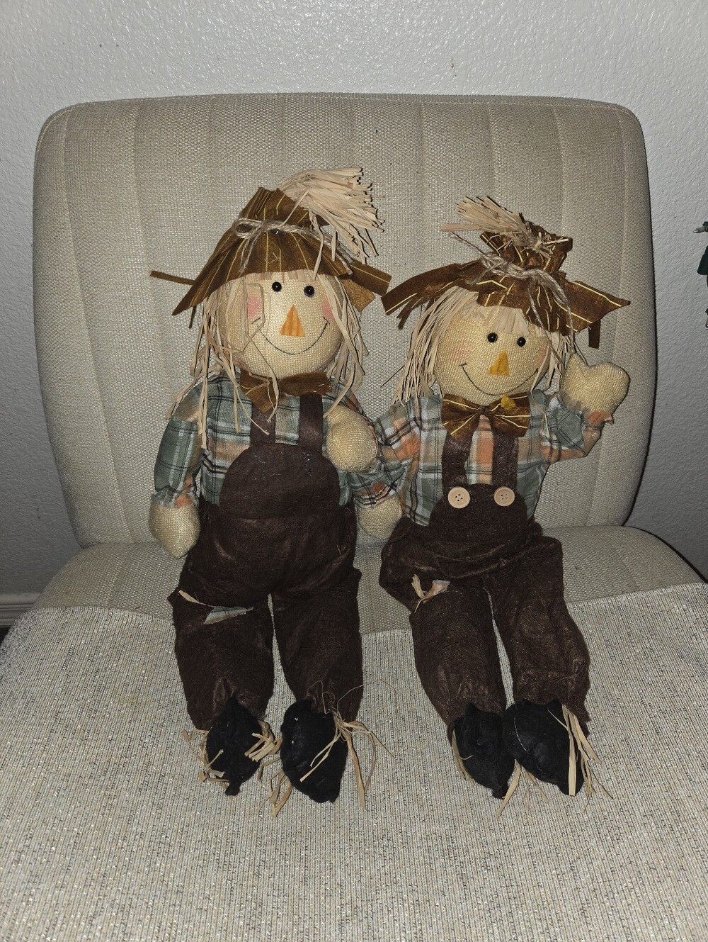 Handcrafted Pair of Fall Scarecrow Dolls in Brown and Plaid